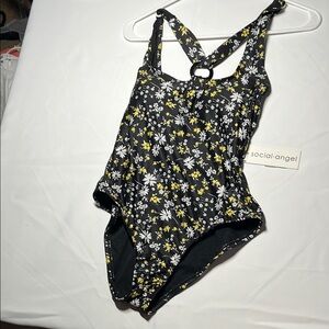 Women's Floral One Piece Swimsuit - Black and Yellow